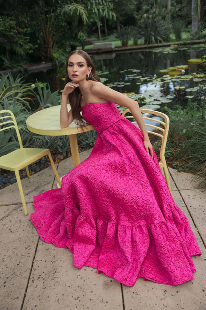 Pink Strapless Floral Brocade Ball Gown With Belt