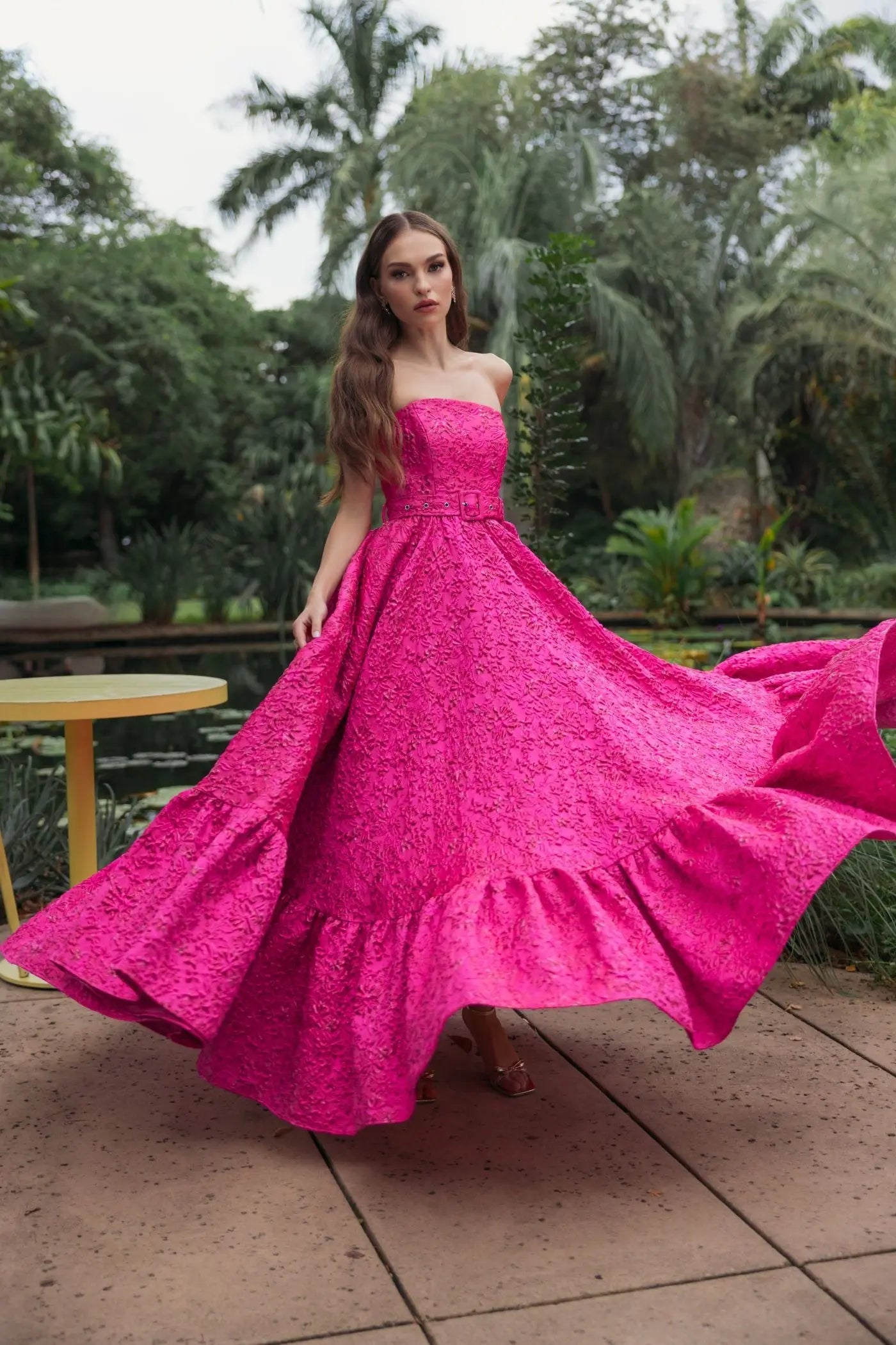 Pink Strapless Floral Brocade Ball Gown With Belt