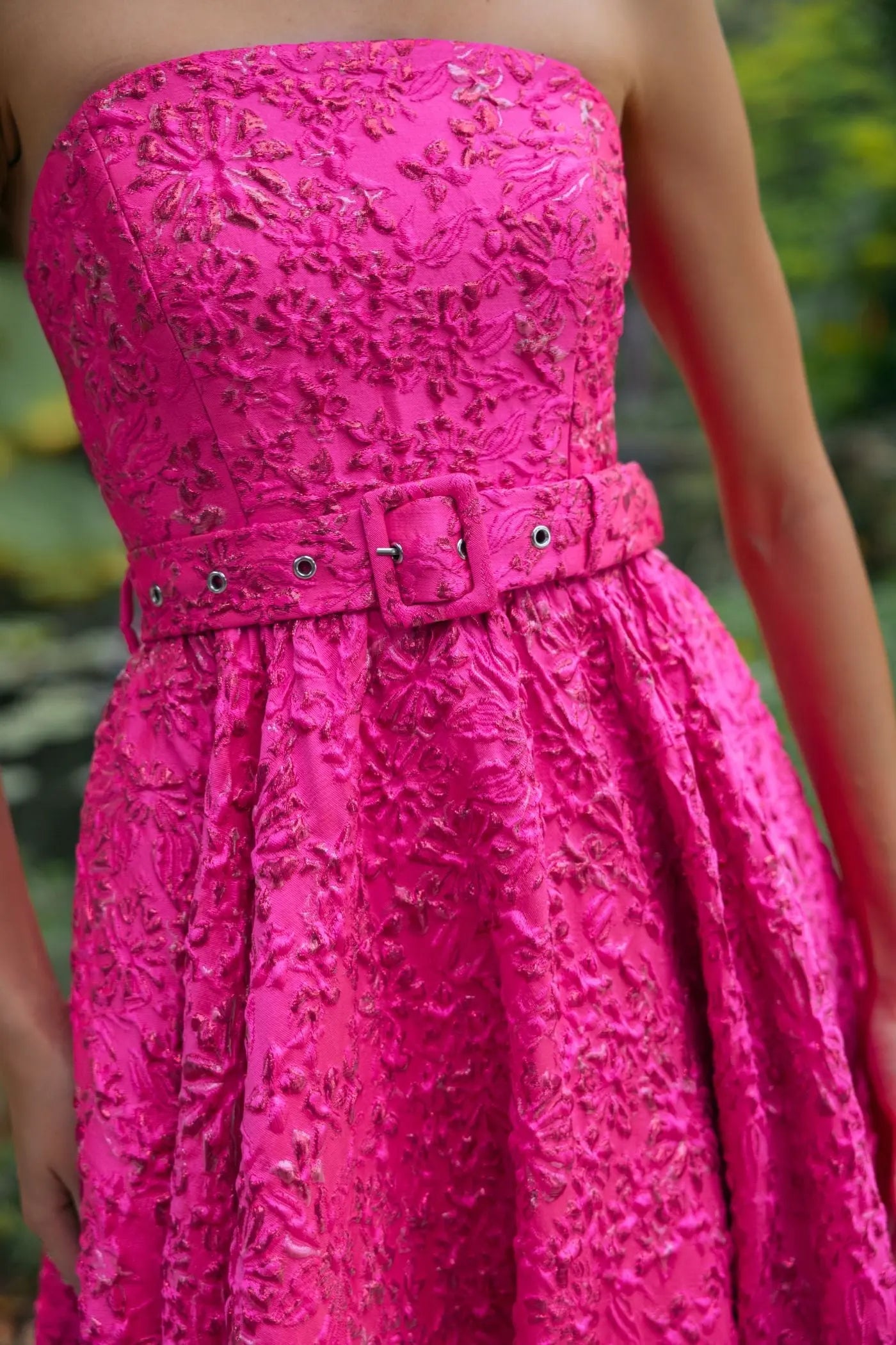 Pink Strapless Floral Brocade Ball Gown With Belt