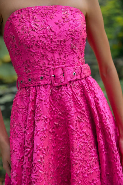 Pink Strapless Floral Brocade Ball Gown With Belt