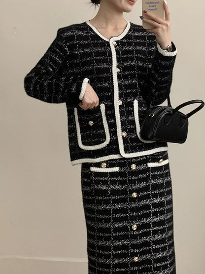 Hazel Blues® |  Tweed Contrast Trim Jacket and Skirt Set