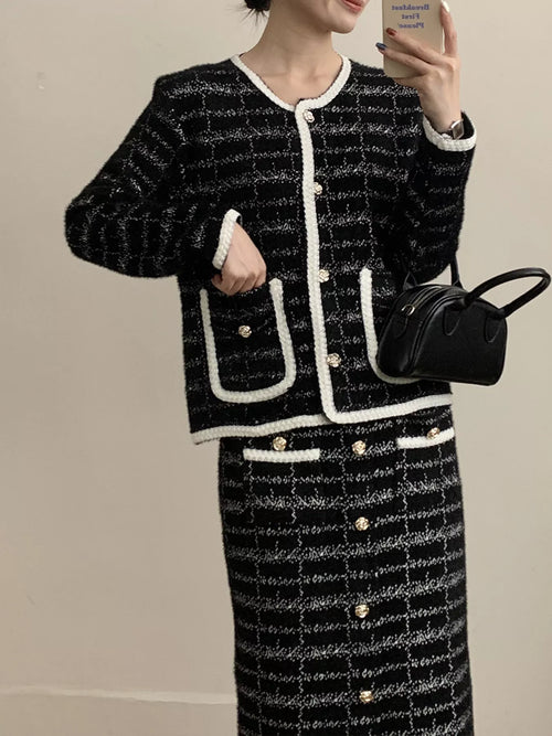 Hazel Blues® |  Tweed Contrast Trim Jacket and Skirt Set