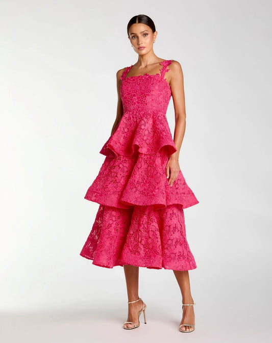 Pink Sleeveless Embroidered Lace Ruffle Midi Dress