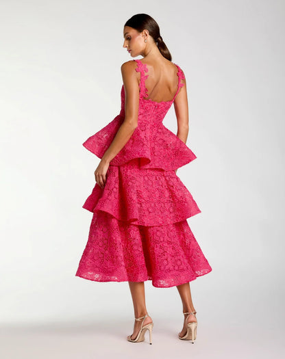 Pink Sleeveless Embroidered Lace Ruffle Midi Dress