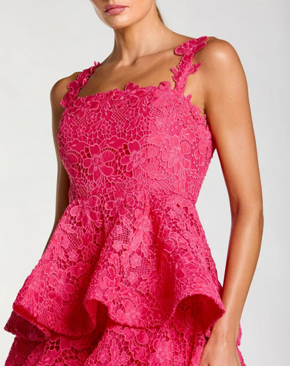 Pink Sleeveless Embroidered Lace Ruffle Midi Dress