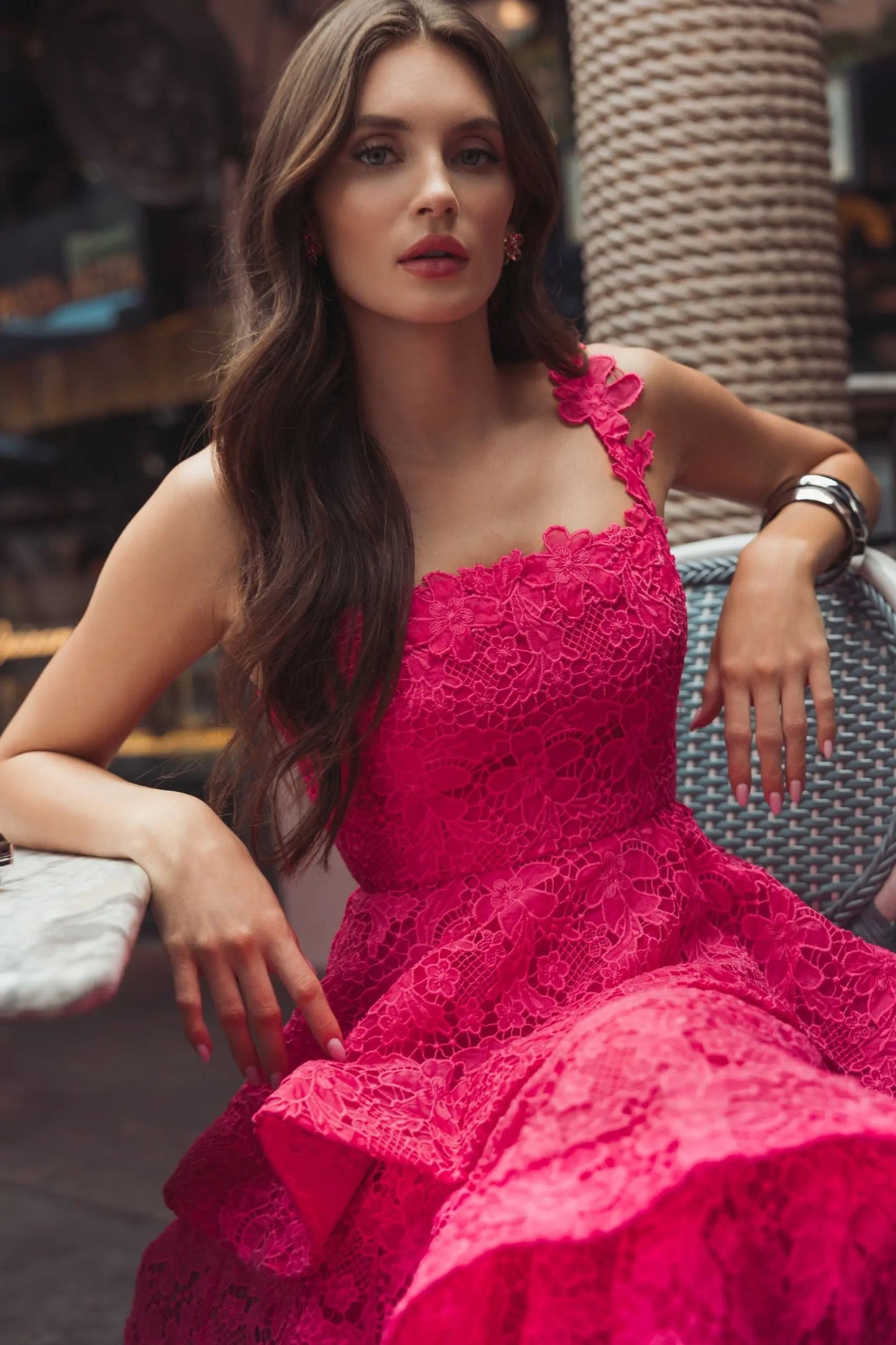 Pink Sleeveless Embroidered Lace Ruffle Midi Dress
