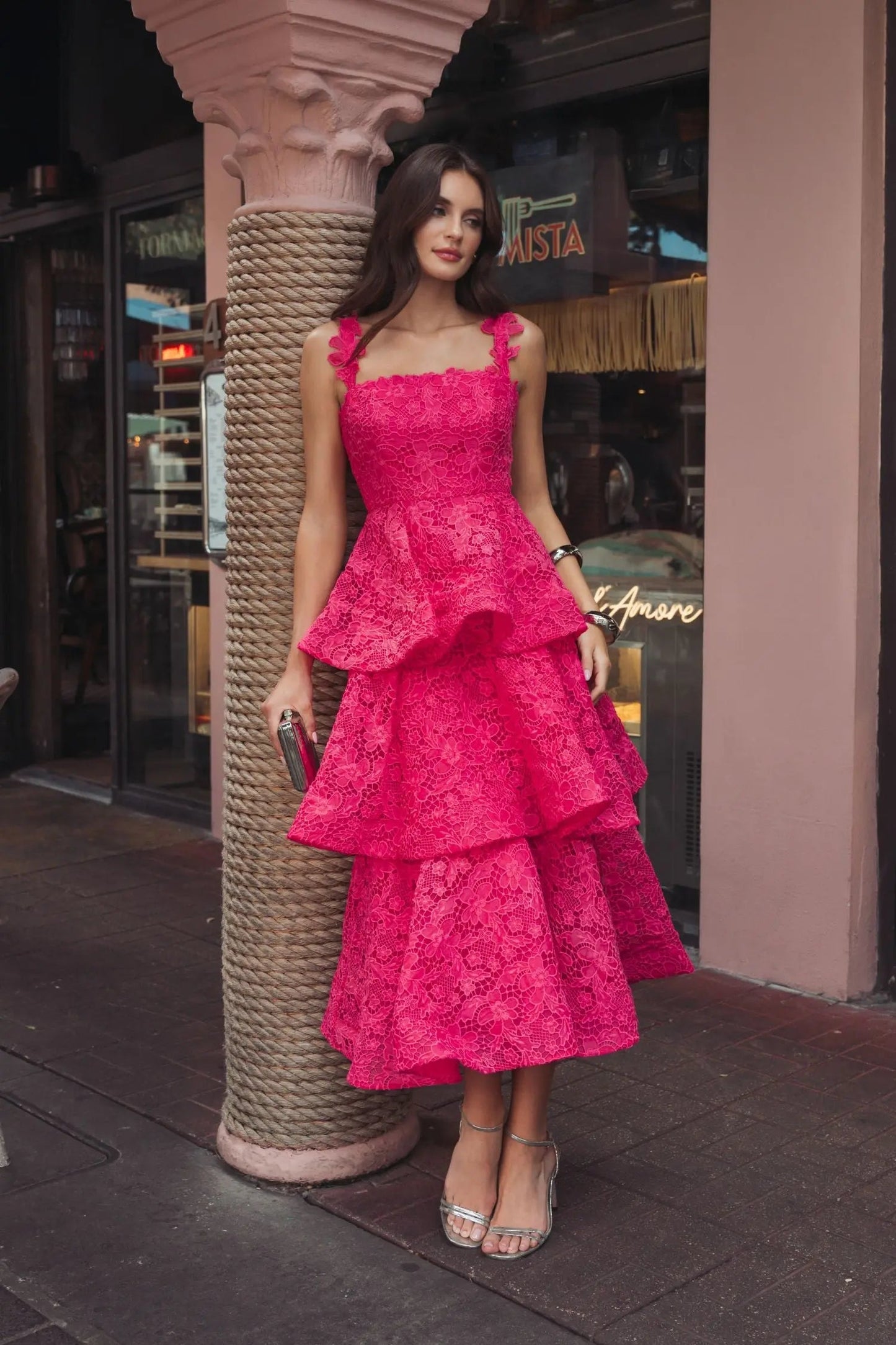 Pink Sleeveless Embroidered Lace Ruffle Midi Dress