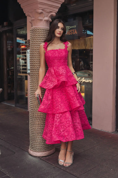 Pink Sleeveless Embroidered Lace Ruffle Midi Dress