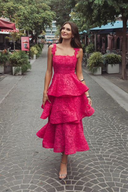 Pink Sleeveless Embroidered Lace Ruffle Midi Dress