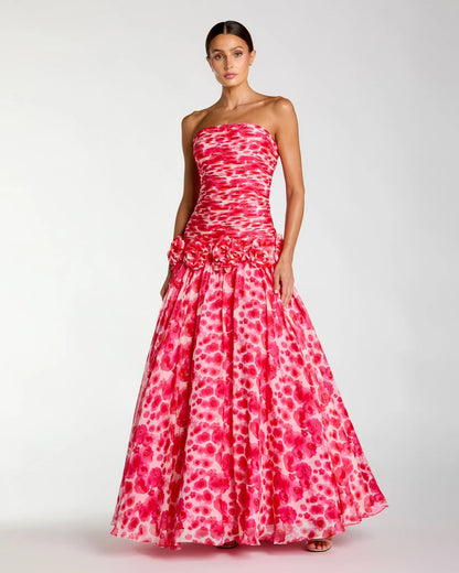 Pink Strapless Chiffon Ball Gown With 3D Flowers