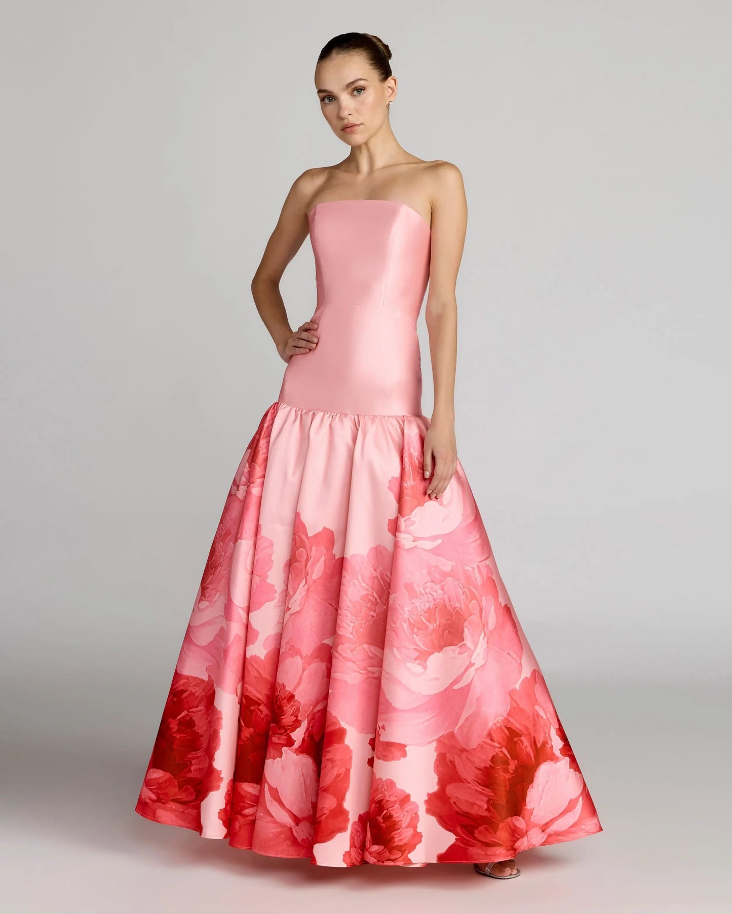 Pink Printed Mikado Strapless Drop Waist Ball Gown