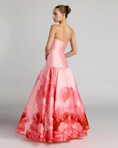 Pink Printed Mikado Strapless Drop Waist Ball Gown