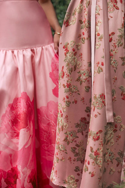 Pink Printed Mikado Strapless Drop Waist Ball Gown
