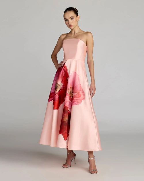 Pink Strapless A Line Midi Dress With Flower Print