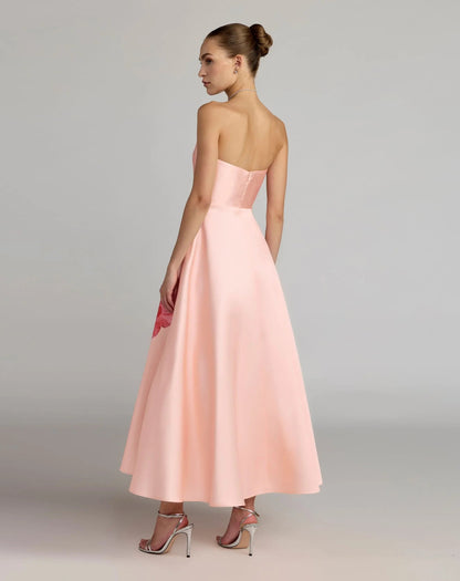 Pink Strapless A Line Midi Dress With Flower Print