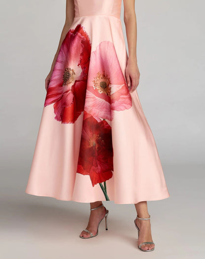 Pink Strapless A Line Midi Dress With Flower Print