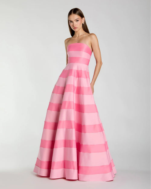 Pink Striped Strapless Satin Ballgown With Pockets