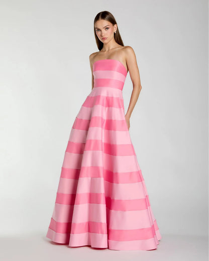 Pink Striped Strapless Satin Ballgown With Pockets