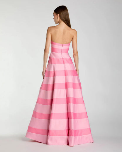 Pink Striped Strapless Satin Ballgown With Pockets