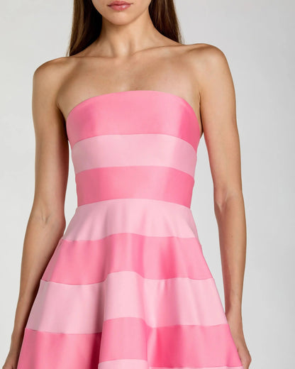 Pink Striped Strapless Satin Ballgown With Pockets