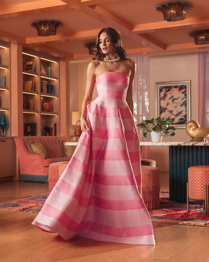 Pink Striped Strapless Satin Ballgown With Pockets