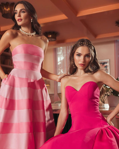 Pink Striped Strapless Satin Ballgown With Pockets