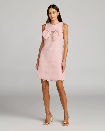 Pink Boucle Pearl Mini Dress With Bow