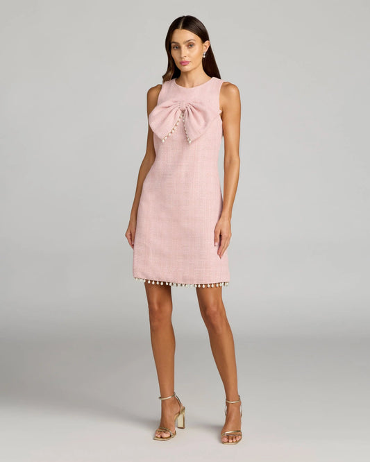 Pink Boucle Pearl Mini Dress With Bow