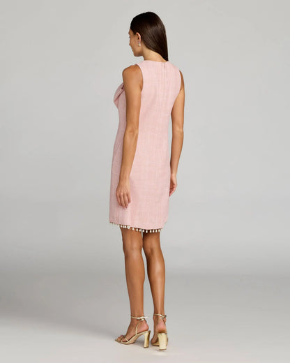Pink Boucle Pearl Mini Dress With Bow