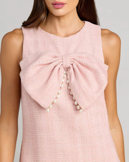 Pink Boucle Pearl Mini Dress With Bow