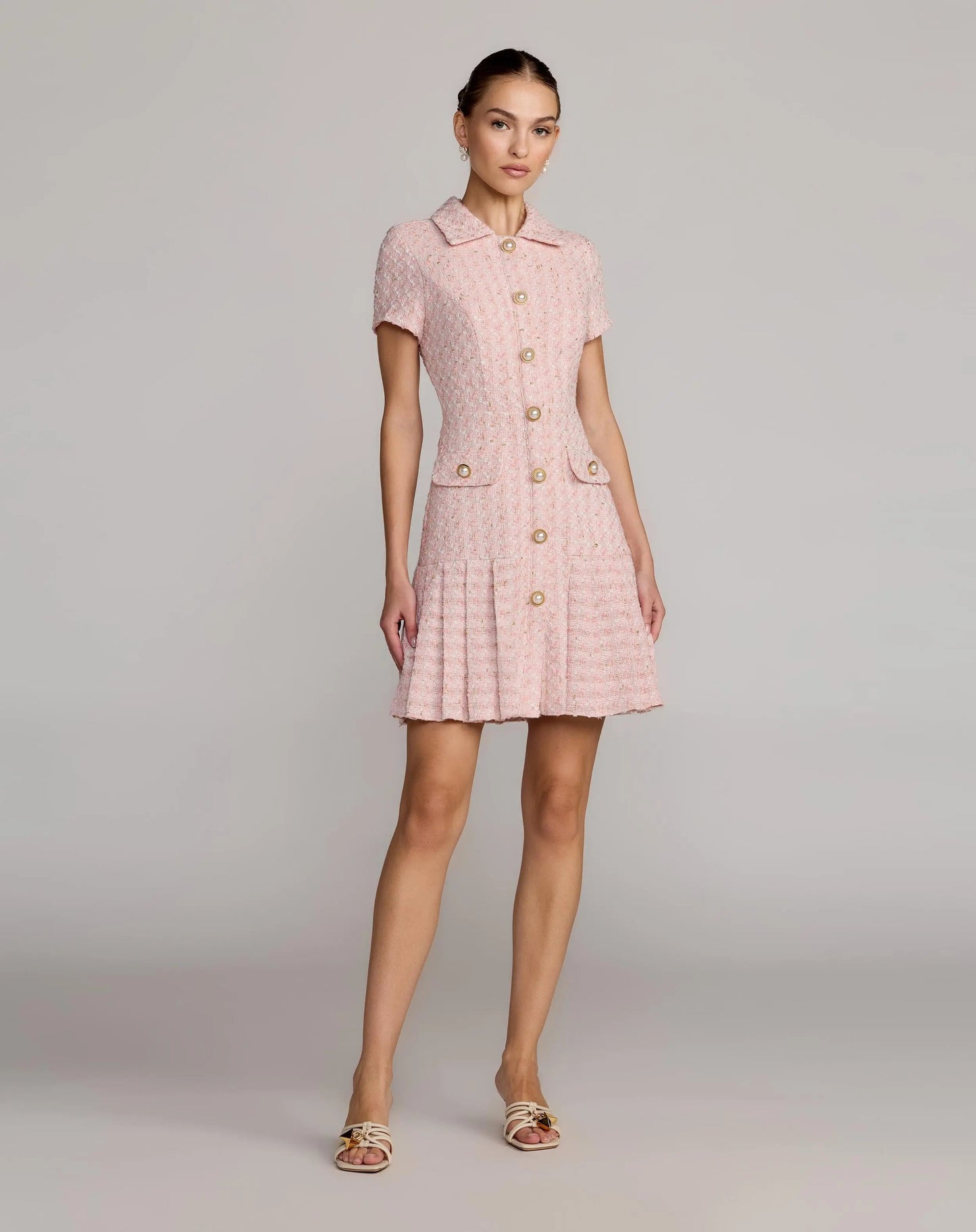 Pink Boucle Button Front Mini Dress