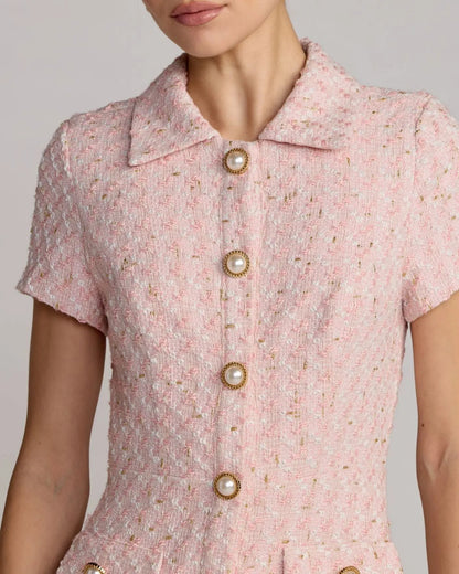 Pink Boucle Button Front Mini Dress