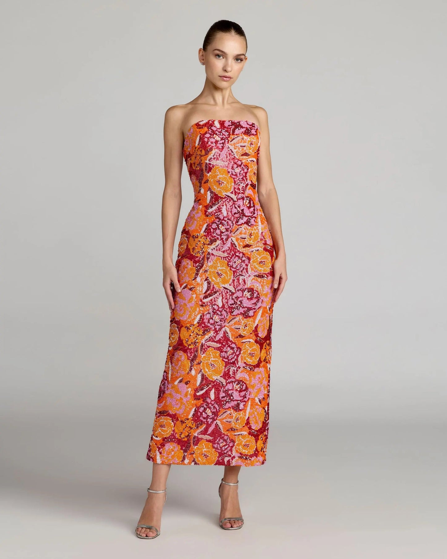 Pink and Orange Strapless Floral Sequin Midi Dress