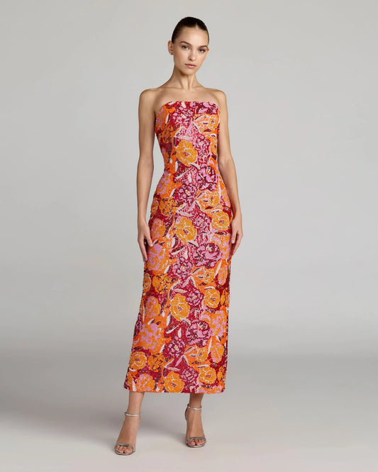 Pink and Orange Strapless Floral Sequin Midi Dress