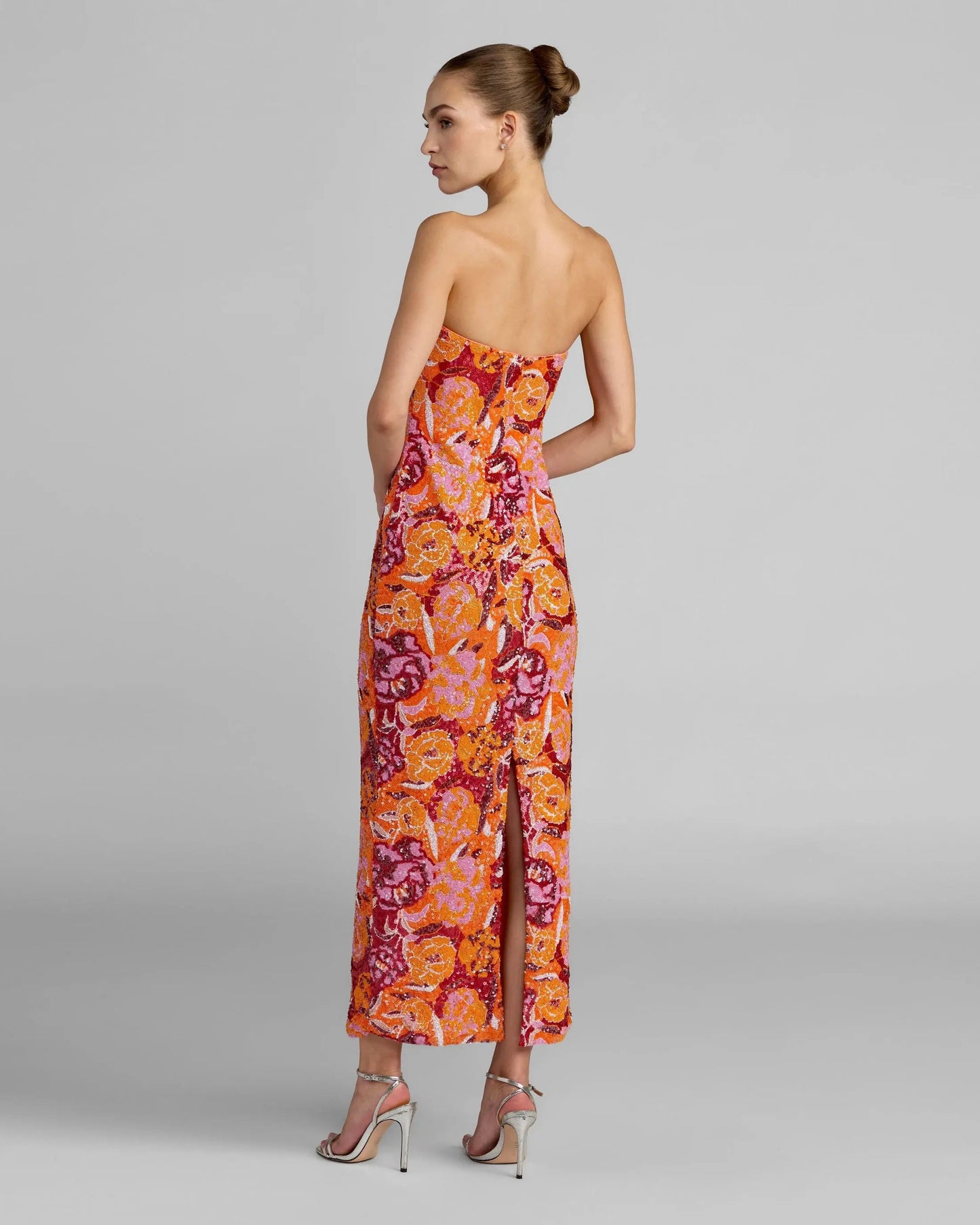 Pink and Orange Strapless Floral Sequin Midi Dress