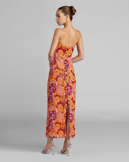 Pink and Orange Strapless Floral Sequin Midi Dress