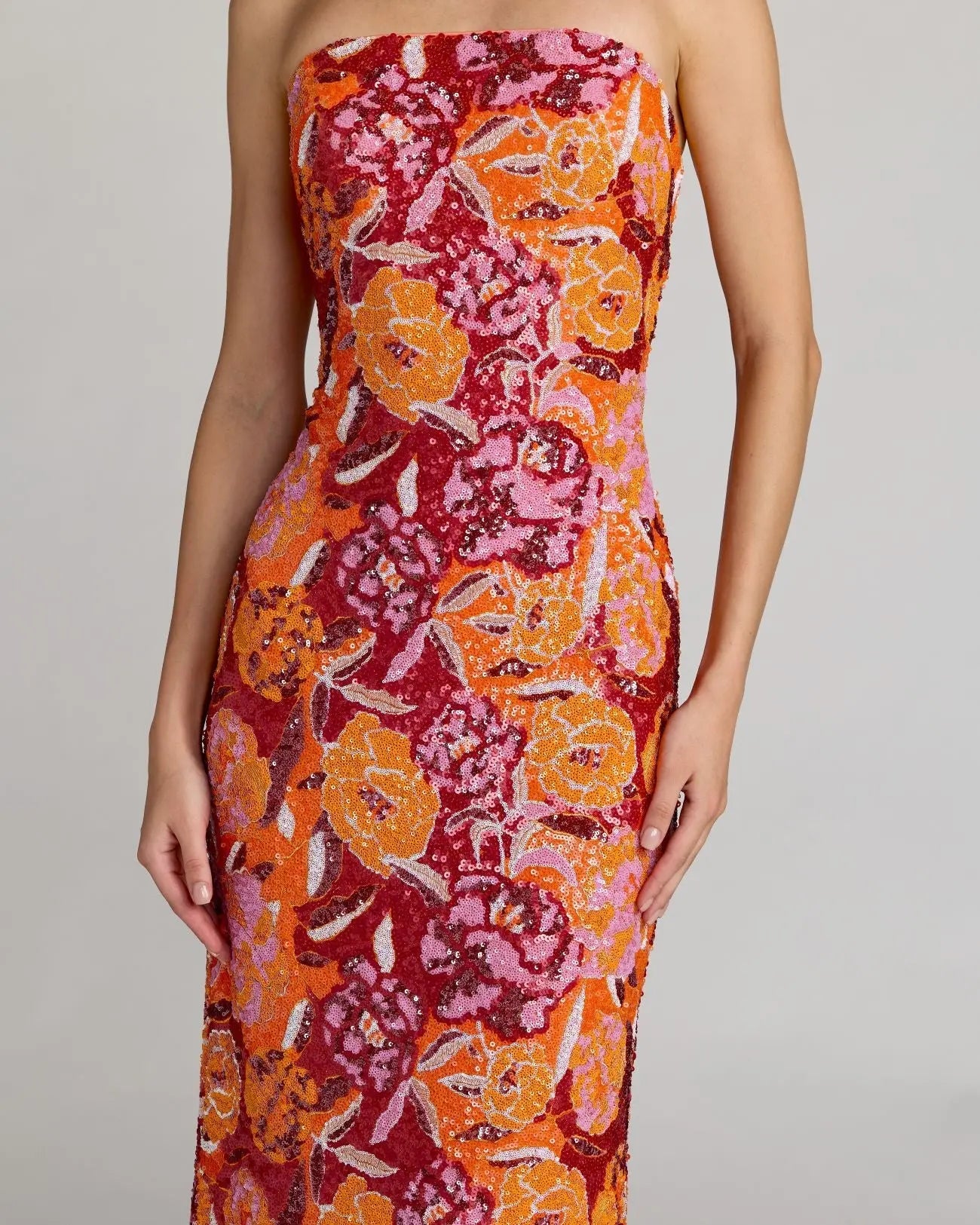 Pink and Orange Strapless Floral Sequin Midi Dress