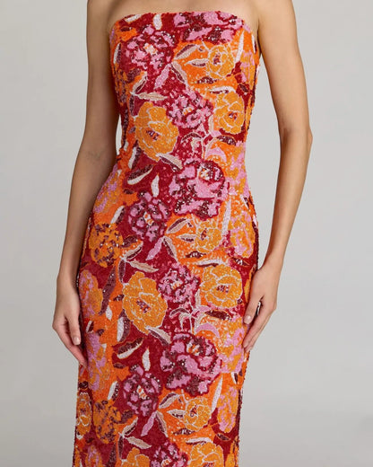 Pink and Orange Strapless Floral Sequin Midi Dress
