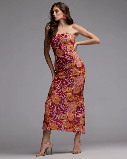 Pink and Orange Strapless Floral Sequin Midi Dress