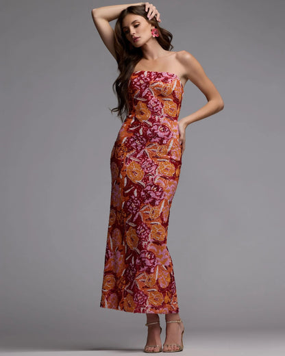 Pink and Orange Strapless Floral Sequin Midi Dress