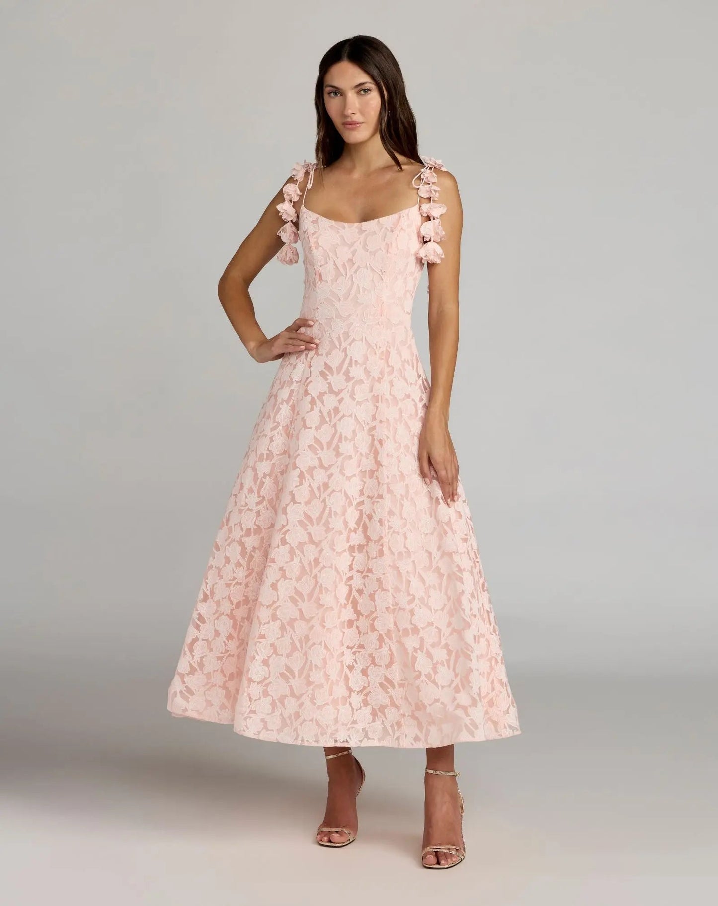 Pink Scoop Neck Floral A-Line Midi Dress
