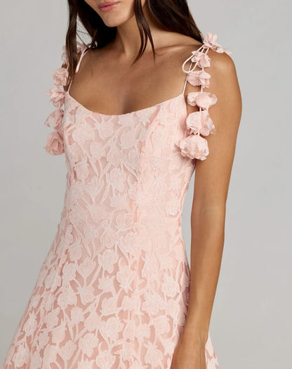 Pink Scoop Neck Floral A-Line Midi Dress