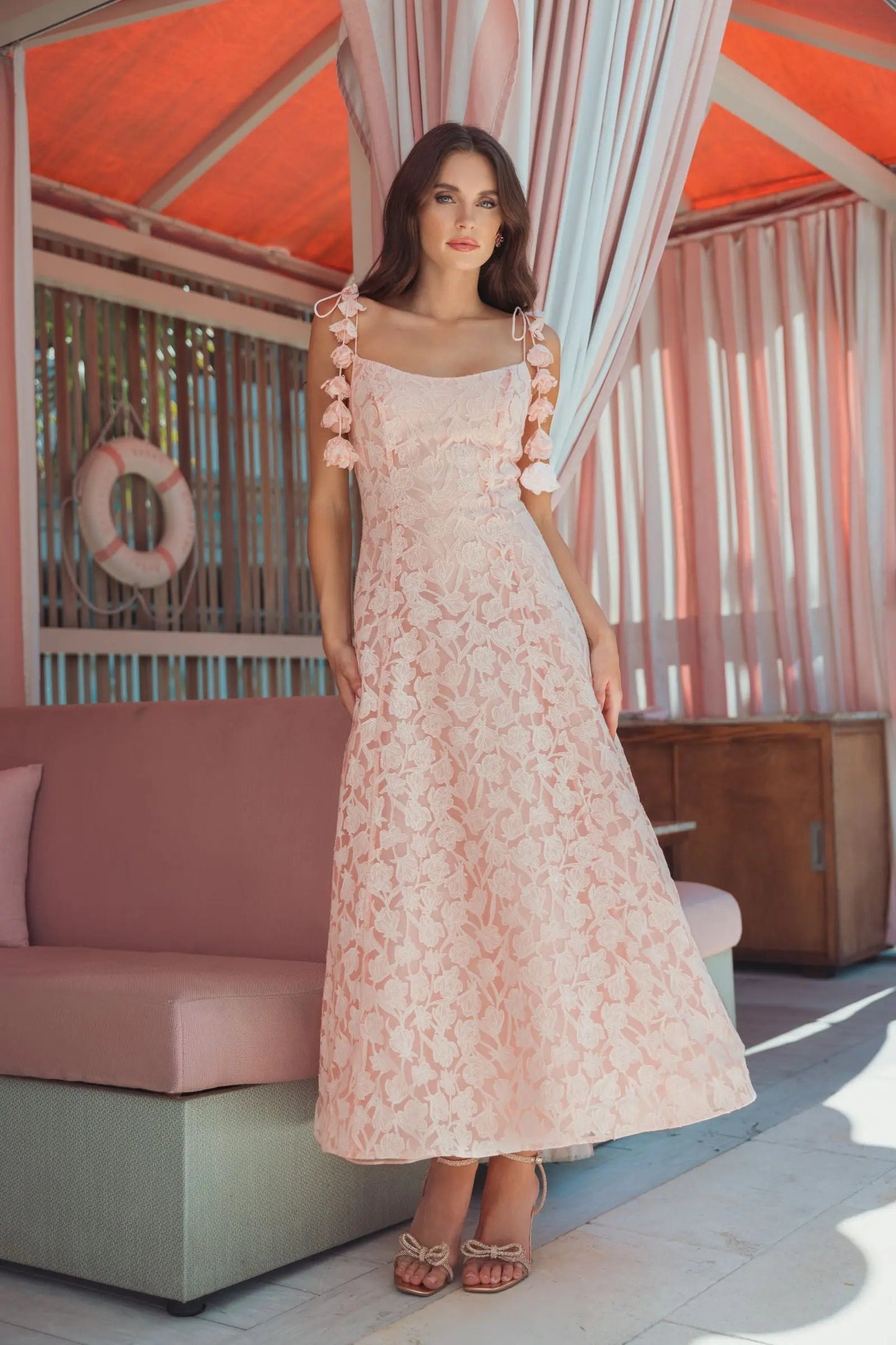 Pink Scoop Neck Floral A-Line Midi Dress