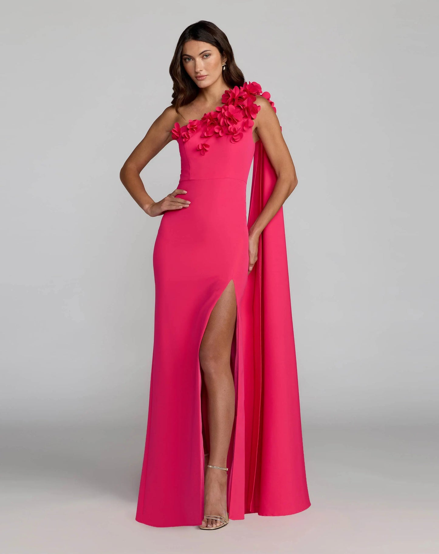 Pink One Shoulder 3D Floral Cape Gown