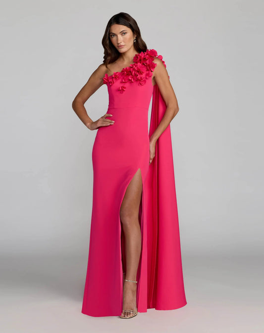 Pink One Shoulder 3D Floral Cape Gown