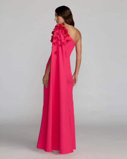 Pink One Shoulder 3D Floral Cape Gown