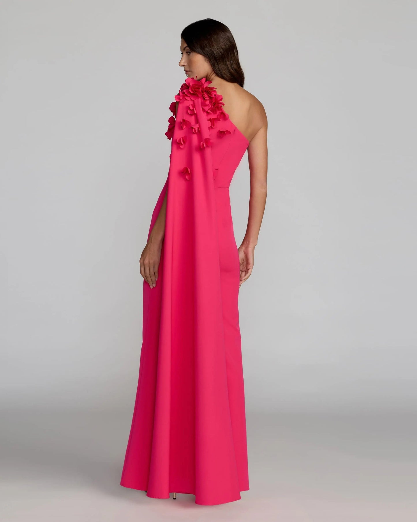 Pink One Shoulder 3D Floral Cape Gown