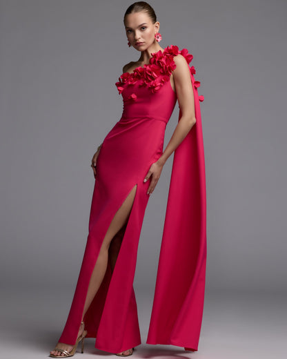Pink One Shoulder 3D Floral Cape Gown