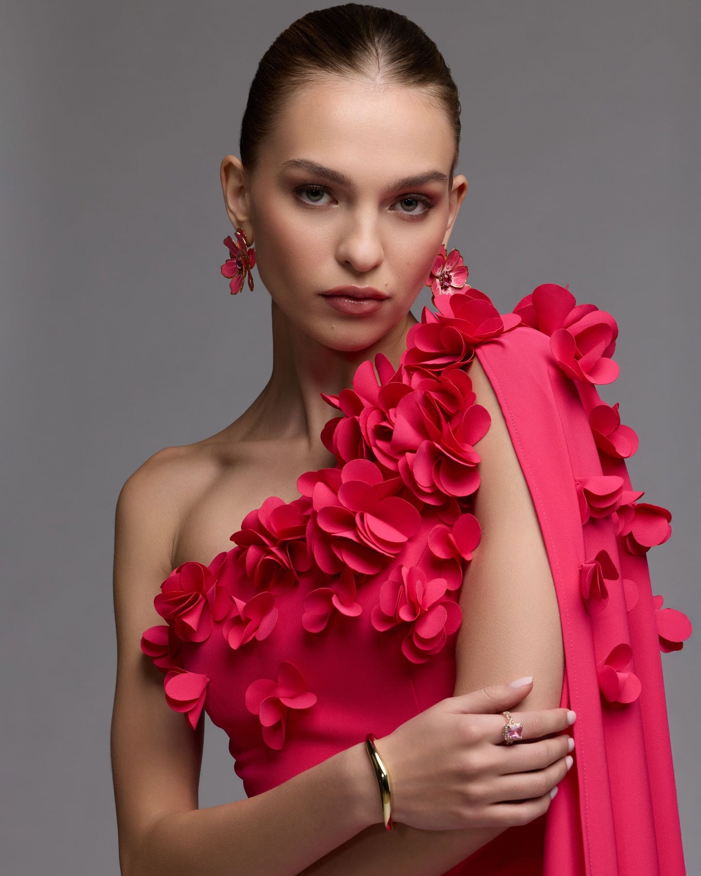 Pink One Shoulder 3D Floral Cape Gown