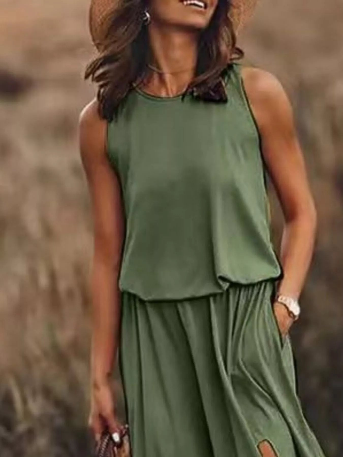 Hazel Blues® | Round Neck Sleeveless Slit Maxi Dress